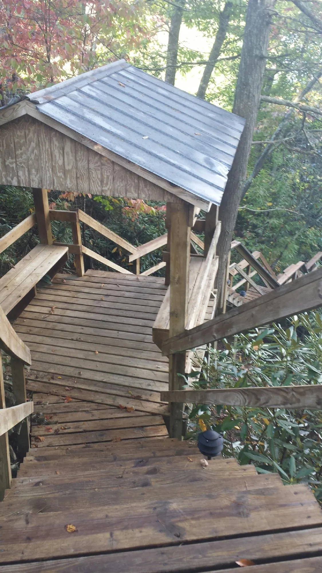 Metal roofed shelter over wooden steps on a wooded walkway — Skylight Repair & Installation work by our crew in Roseland